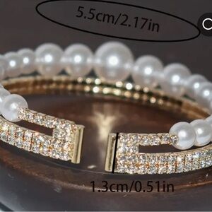 DOUBLED LAYER GOLD OPEN BRACELET LAWYER OF RHINESTONES AND PEARLS @g7